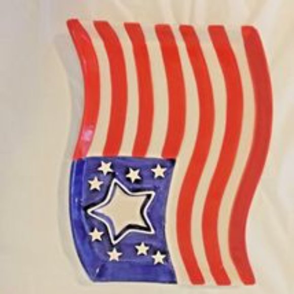 Chip & Dip Tray Set Ceramic Red White & Blue Flying Flag Kitchen Worthey Server - Picture 5 of 7